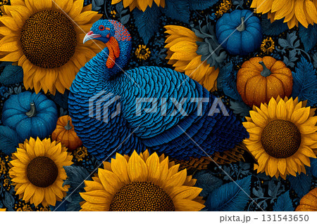 Elegant Thanksgiving turkey with pumpkins and autumn flowers illustration 131543650