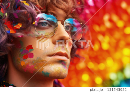 Portrait of man in glasses with rainbow makeup with sequins on colorful blurred background. LGBT Pride concept Portrait of man in glasses with rainbow makeup with sequins on colorful blurred background. LGBT Pride concept 131543922