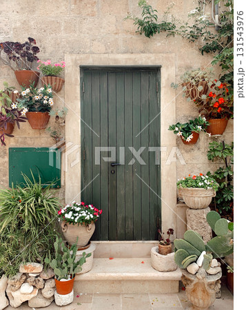 A rustic green door surrounded by vibrant potted plants and flowers. A rustic green door surrounded by vibrant potted plants and flowers. 131543976