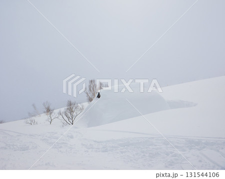 非圧雪のゲレンデで豪雪に埋もれた小屋 (長野県、白馬五竜) 非圧雪のゲレンデで豪雪に埋もれた小屋 (長野県、白馬五竜) 131544106