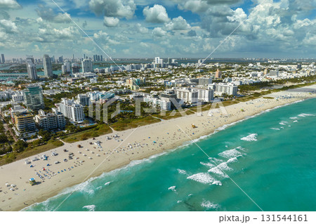 Panoramic view of Miami Beach urban landscape. South Beach high luxurious hotels and apartment buildings Panoramic view of Miami Beach urban landscape. South Beach high luxurious hotels and apartment buildings 131544161