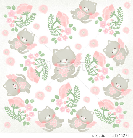 花と ねこ のパターン_ピンク グリーン 131544272