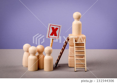 Wooden Figures with Ladder and X Sign in Concept of Rejection or Obstacle Wooden Figures with Ladder and X Sign in Concept of Rejection or Obstacle 131544306
