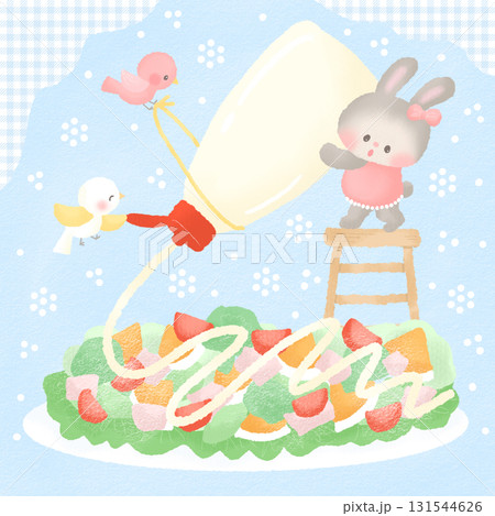 サラダにマヨネーズをかける うさぎ のイラスト サラダにマヨネーズをかける うさぎ のイラスト 131544626