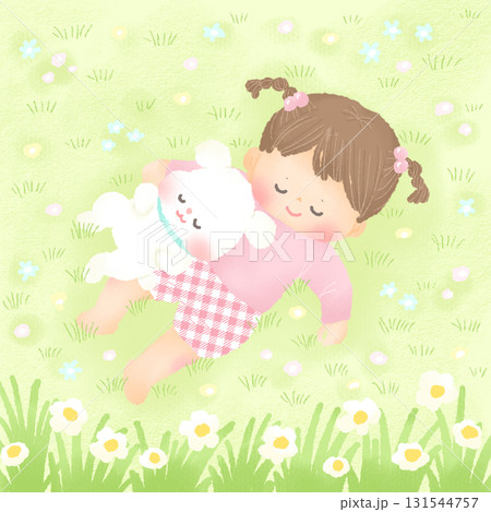 草原でお昼寝する女の子と犬のイラスト 131544757