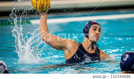 A high-action, professional sports photograph capturing a dynamic moment in a game of water polo. 131544886