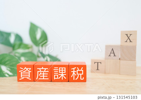 資産課税を示す赤ブロック。背後の階段上に積み上げた積み木にTAXの文字。 131545103