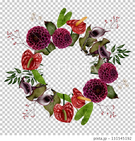 Floral wreath with dahlias and calla lilies watercolor illustration Floral wreath with dahlias and calla lilies watercolor illustration 131545192
