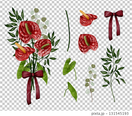 Red anthurium bouquet with ribbon and leaves Red anthurium bouquet with ribbon and leaves 131545193