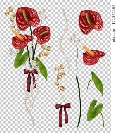 Red anthurium bouquet with pearls and ribbon Red anthurium bouquet with pearls and ribbon 131545194