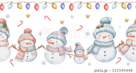 Seamless Christmas border with various cute snowmen wearing hats and scarves, festive garland with multicolored lights above, gold stars on white background, and candies Seamless Christmas border with various cute snowmen wearing hats and scarves, festive garland with multicolored lights above, gold stars on white background, and candies 131545448