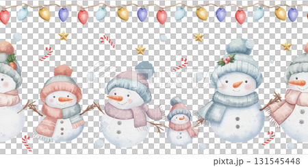 Seamless Christmas border with various cute snowmen wearing hats and scarves, festive garland with multicolored lights above, gold stars on white background, and candies Seamless Christmas border with various cute snowmen wearing hats and scarves, festive garland with multicolored lights above, gold stars on white background, and candies 131545448