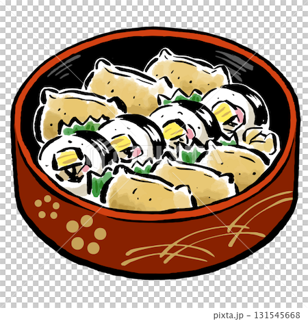 寿司桶に盛られた助六弁当　筆タッチ手描きイラスト 131545668