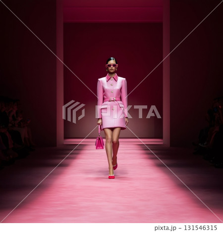 Fashion model strutting down the runway in a vibrant pink outfit, stylish pink sunglasses perched on her face, and a chic pink handbag in hand during a dazzling fashion show 131546315
