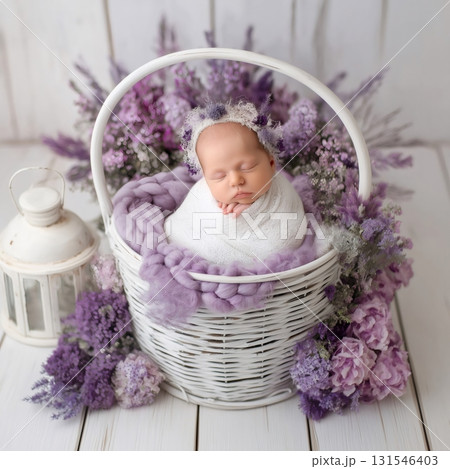 Newborn baby girl wearing a flower crown sleeping peacefully, wrapped in a white blanket, inside a white wicker basket decorated with purple flowers and a white lantern on a white wooden floor Newborn baby girl wearing a flower crown sleeping peacefully, wrapped in a white blanket, inside a white wicker basket decorated with purple flowers and a white lantern on a white wooden floor 131546403