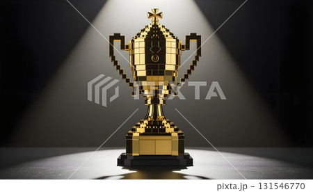 スポットライトを浴びるピクセル風の金色トロフィー 131546770
