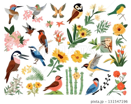 花や植物と小鳥のイラスト 131547196