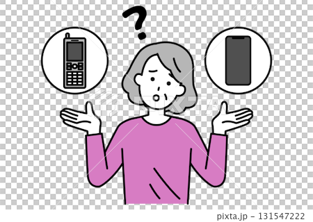 一位老婦人正在猶豫是否要選擇智慧型手機還是翻蓋手機 131547222