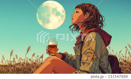 満月を見ながらお酒を飲む女性 131547889