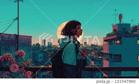 音楽を聴きながら街を歩く女性 音楽を聴きながら街を歩く女性 131547960