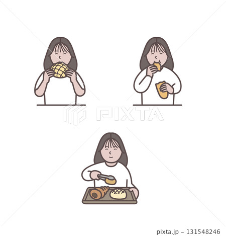 パンを買って食べる女性のイラストセット 131548246