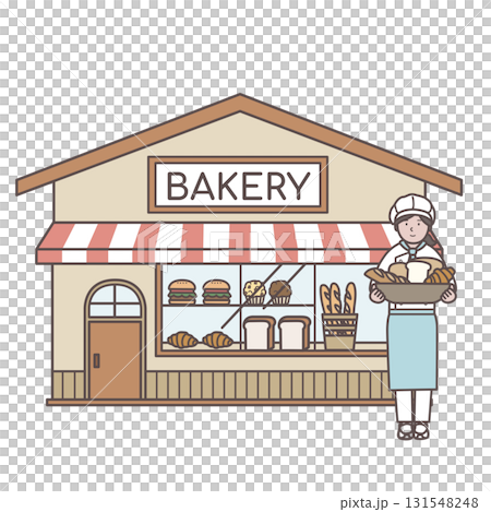 パン屋さんの女性店員とお店のイラスト 131548248