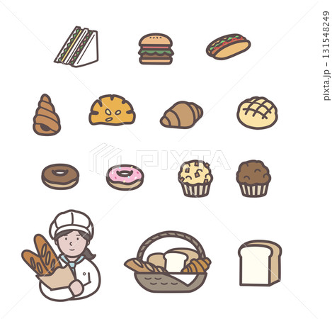 色々なパンと女性店員のイラストセット 131548249