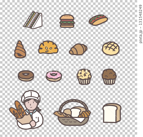 色々なパンと女性店員のイラストセット 131548249