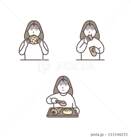 パンを買って食べる女性のイラストセット 131548255