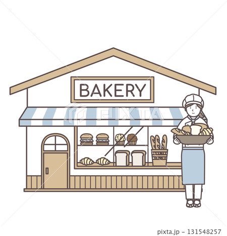 パン屋さんの女性店員とお店のイラスト パン屋さんの女性店員とお店のイラスト 131548257