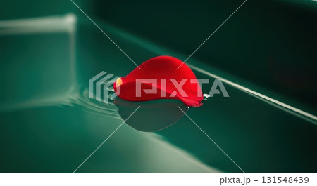 Vibrant red rose petal gracefully floating on tranquil dark emerald green water surface 131548439