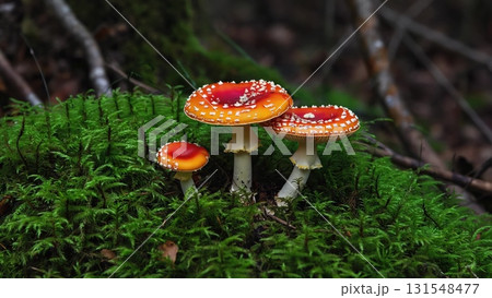 Red fly agaric mushrooms growing amid verdant moss, surfacing from dark forest ground, revealing intricate woodland ecosystem's hidden natural splendor 131548477