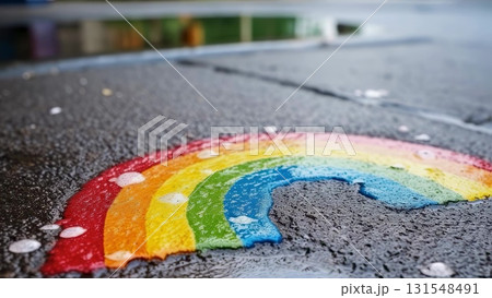 Colorful rainbow arching across glistening wet pavement, reflecting hope and positivity after rainfall with vivid, radiant hues Colorful rainbow arching across glistening wet pavement, reflecting hope and positivity after rainfall with vivid, radiant hues 131548491