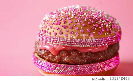Glamorous burger decorated with rhinestones, glittering embellishments, pink sauce spinning on pastel background, highlighting gourmet culinary design Glamorous burger decorated with rhinestones, glittering embellishments, pink sauce spinning on pastel background, highlighting gourmet culinary design 131548499