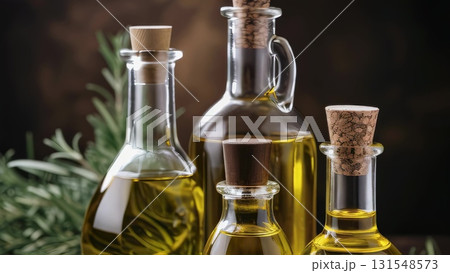 Glass olive oil bottles with cork stoppers lined up beside rosemary sprig, representing Mediterranean culinary traditions and wholesome ingredients 131548573