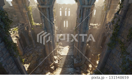 Dramatic sunlight revealing weathered gothic cathedral ruins, stone arches crumbling amid wild vegetation spreading across ancient architectural remnants Dramatic sunlight revealing weathered gothic cathedral ruins, stone arches crumbling amid wild vegetation spreading across ancient architectural remnants 131548659