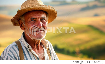 Senior farmer wearing straw hat standing in crop field, weathered face revealing lifelong agricultural experience, soft background blending distant farmland 131548758