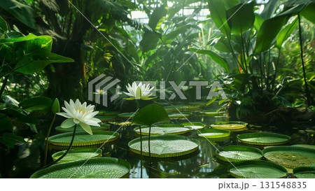 White water lilies floating among verdant foliage, creating serene botanical scene within tropical greenhouse, revealing delicate aquatic plant ecosystem 131548835