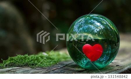 Mystical green crystal ball cradling vibrant red heart on moss covered forest ground, emanating ethereal romantic glow with soft bokeh lighting Mystical green crystal ball cradling vibrant red heart on moss covered forest ground, emanating ethereal romantic glow with soft bokeh lighting 131548842