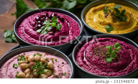 Colorful hummus quartet featuring beetroot, turmeric, and classic variations, garnished with fresh herbs, pomegranate seeds, and aromatic spices on rustic surface 131548872