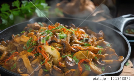 Steaming mushrooms and potatoes sizzling in cast iron skillet, seasoned with chili pepper and fresh parsley, presenting rustic home cooked comfort 131548873