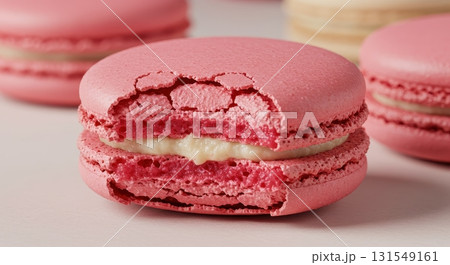 Close up of a bitten pink macaron revealing its creamy white filling, a sweet french dessert Close up of a bitten pink macaron revealing its creamy white filling, a sweet french dessert 131549161