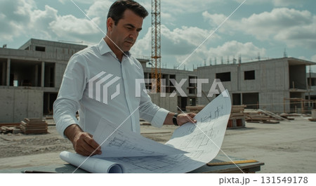 Professional architect reviewing building blueprints at a modern construction site Professional architect reviewing building blueprints at a modern construction site 131549178