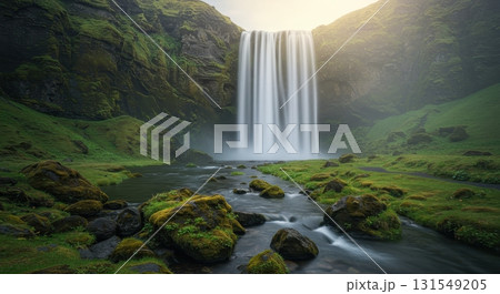 Majestic waterfall cascading into a lush green valley with a flowing river and mossy rocks 131549205