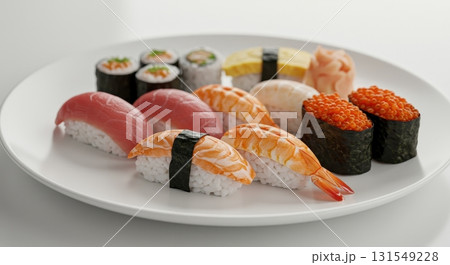 Fresh sushi platter featuring various nigiri, maki rolls, and ikura gunkan on a white plate Fresh sushi platter featuring various nigiri, maki rolls, and ikura gunkan on a white plate 131549228