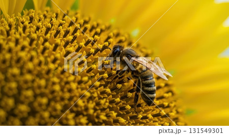 Close up macro shot of a honeybee collecting pollen on a vibrant yellow sunflower. Close up macro shot of a honeybee collecting pollen on a vibrant yellow sunflower. 131549301