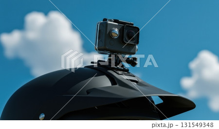 Action camera mounted on a black helmet under a bright blue sky with white clouds. 131549348