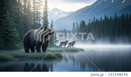 Majestic grizzly bear and wolves by a misty alaskan wilderness lake Majestic grizzly bear and wolves by a misty alaskan wilderness lake 131549556