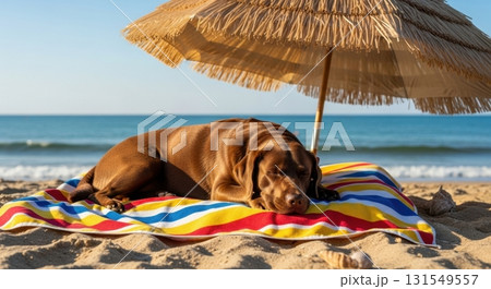 Contented brown labrador dog napping on a striped beach towel under a straw umbrella by the ocean Contented brown labrador dog napping on a striped beach towel under a straw umbrella by the ocean 131549557