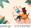 植物とテーブルの上に座って仕事をしている女性のイラスト 131549760
